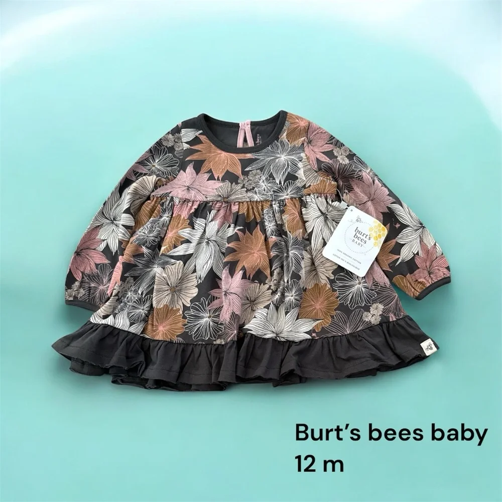 🐶❄️Burt's Bees Baby Floral Dress - Pink, Gray, Black